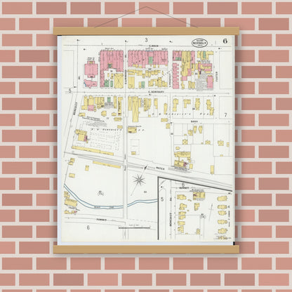 Old map wall art mockup — magnetic wood frame on brick wall — Sanborn Fire Insurance Map from Norwalk, Huron County, Ohio (1899), Sheet #0006