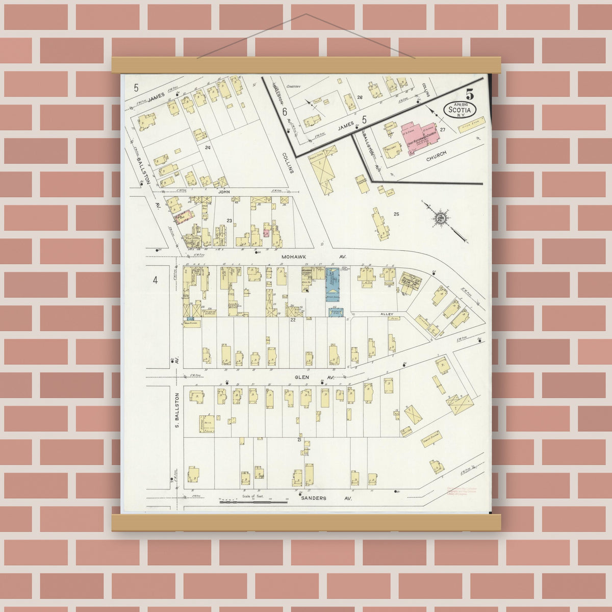 Old map wall art mockup — magnetic wood frame on brick wall — Sanborn Fire Insurance Map from Scotia, Schenectady County, New York (1914), Sheet #0005