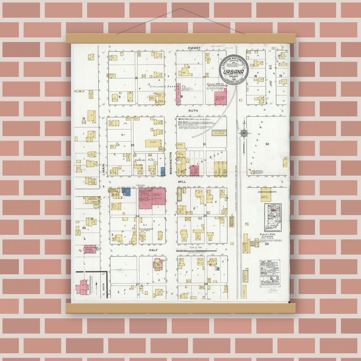 Old map wall art mockup — magnetic wood frame on brick wall — Sanborn Fire Insurance Map from Urbana, Wabash County, Indiana (1920), Sheet #0001