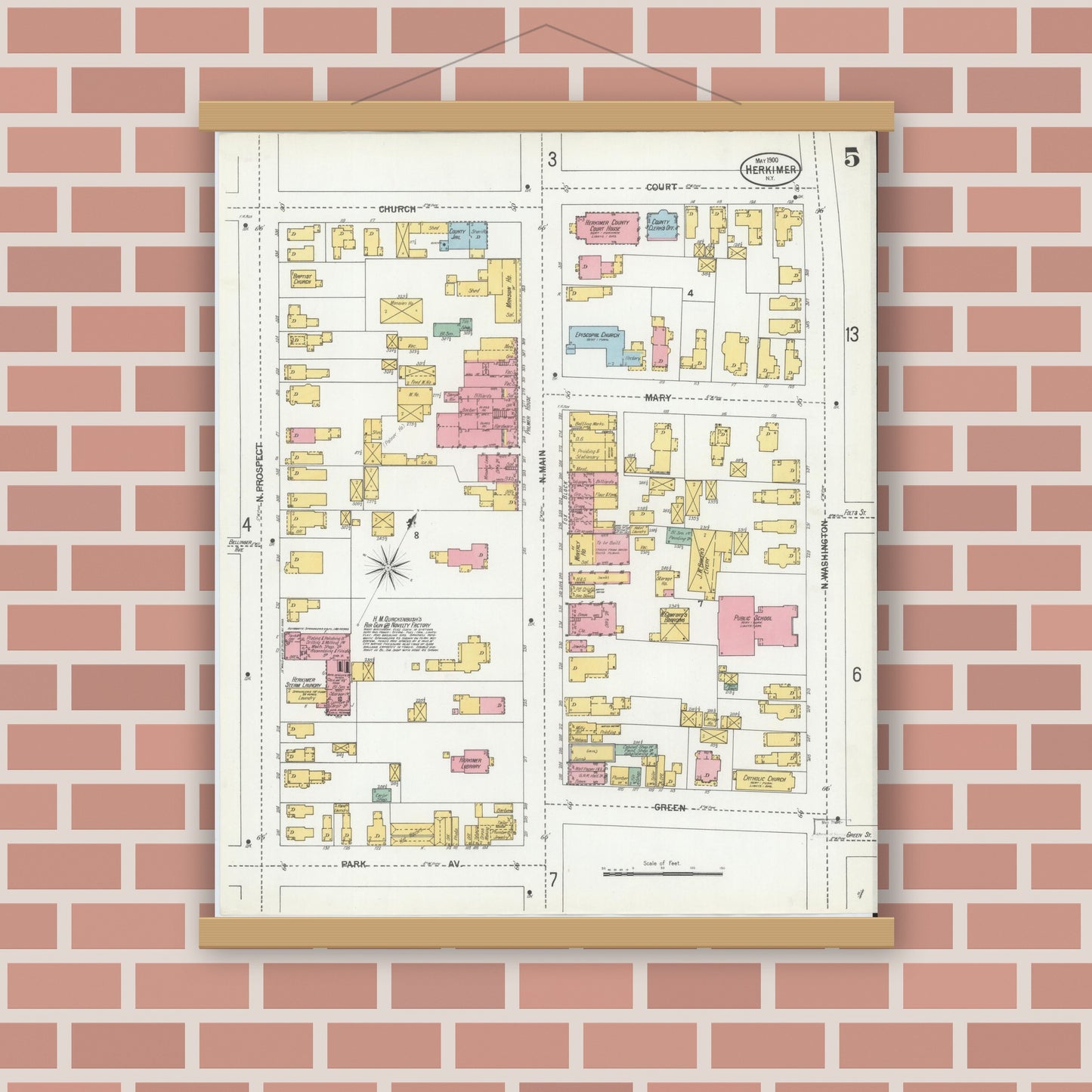 Old map wall art mockup — magnetic wood frame on brick wall — Sanborn Fire Insurance Map from Herkimer, Herkimer County, New York (1900), Sheet #0005