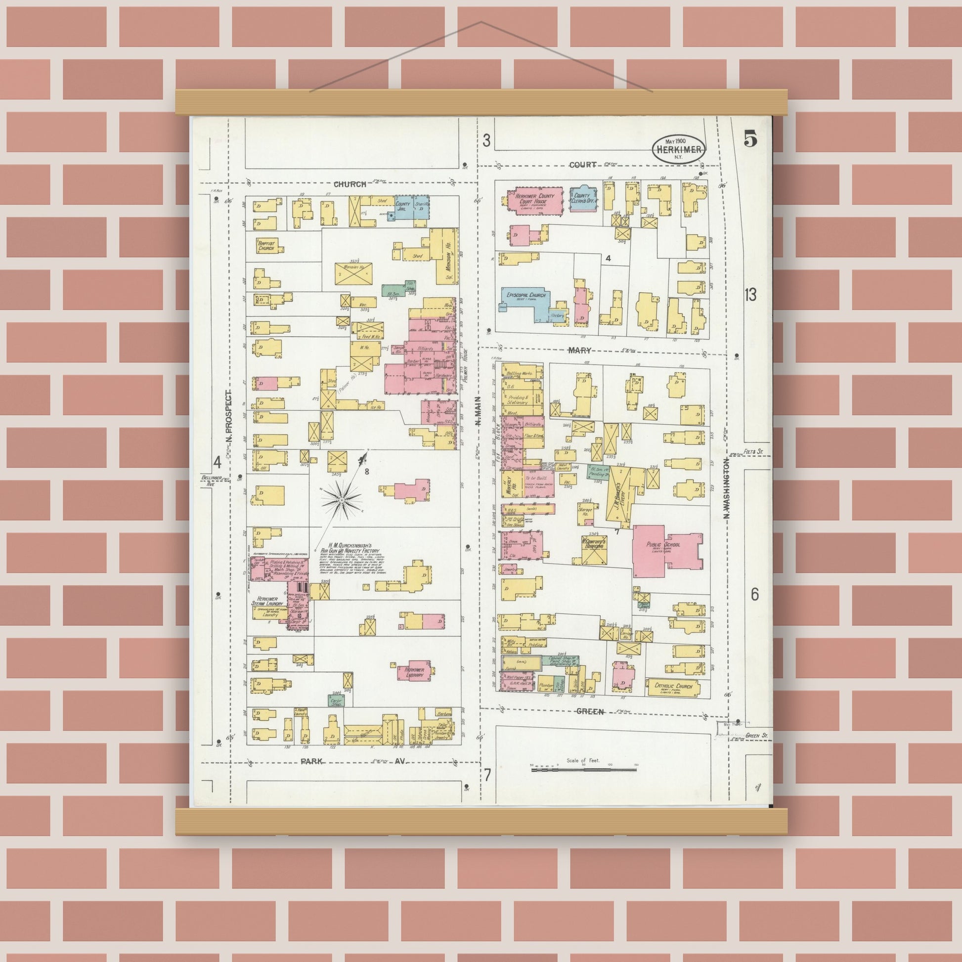 Old map wall art mockup — magnetic wood frame on brick wall — Sanborn Fire Insurance Map from Herkimer, Herkimer County, New York (1900), Sheet #0005