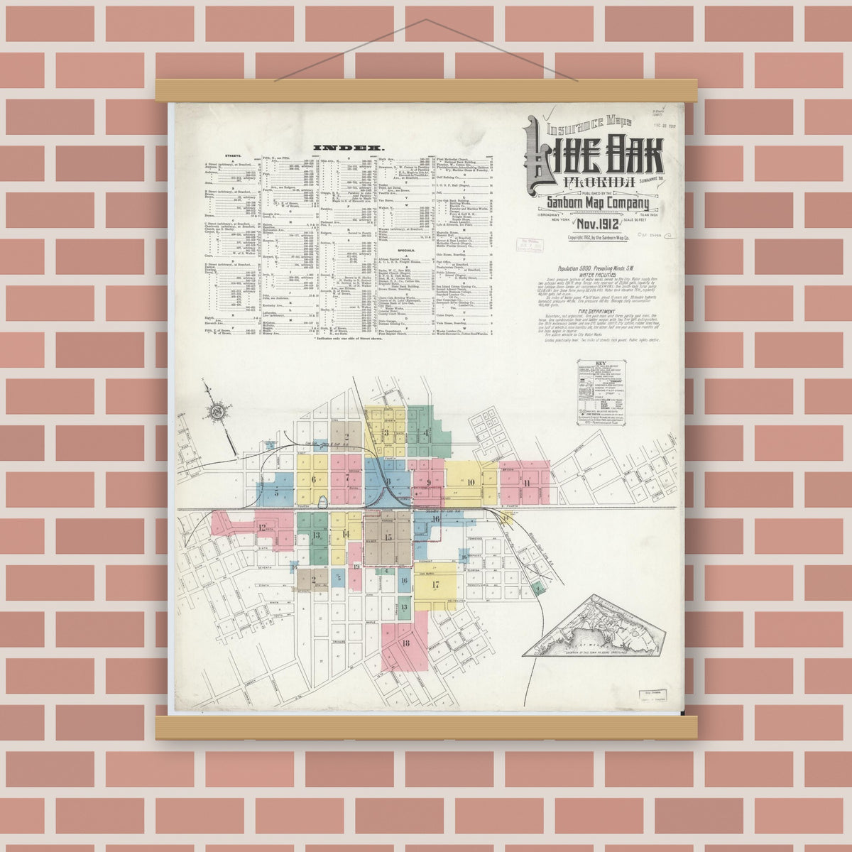 Old map wall art mockup — magnetic wood frame on brick wall — Sanborn Fire Insurance Map from Live Oak, Suwanee County, Florida (1912) - Complete Map Set