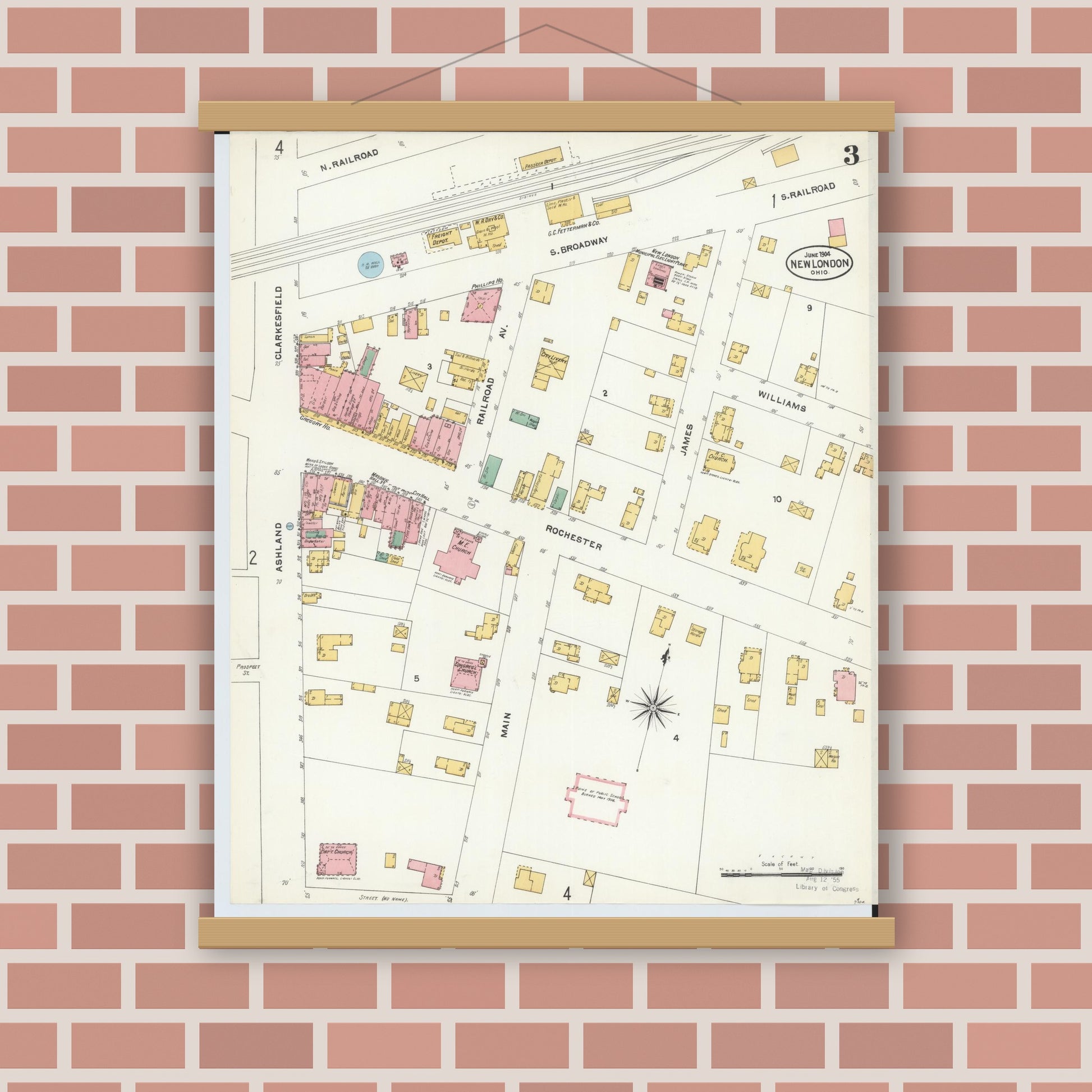 Old map wall art mockup — magnetic wood frame on brick wall — Sanborn Fire Insurance Map from New London, Huron County, Ohio (1904), Sheet #0003
