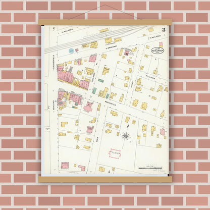 Old map wall art mockup — magnetic wood frame on brick wall — Sanborn Fire Insurance Map from New London, Huron County, Ohio (1904), Sheet #0003