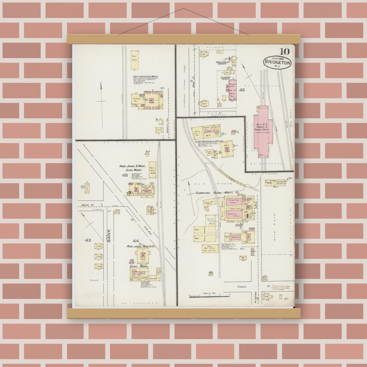 Old map wall art mockup — magnetic wood frame on brick wall — Sanborn Fire Insurance Map from Bridgeton, Cumberland County, New Jersey (1886), Sheet #0010