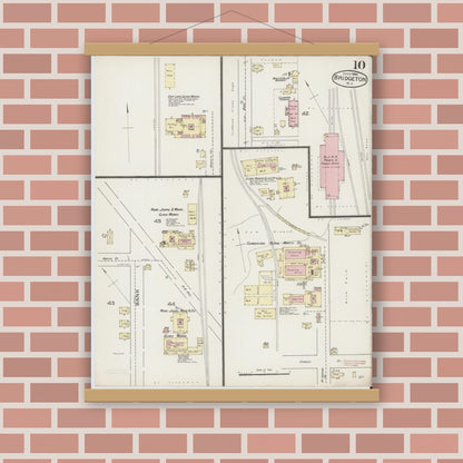 Old map wall art mockup — magnetic wood frame on brick wall — Sanborn Fire Insurance Map from Bridgeton, Cumberland County, New Jersey (1886), Sheet #0010