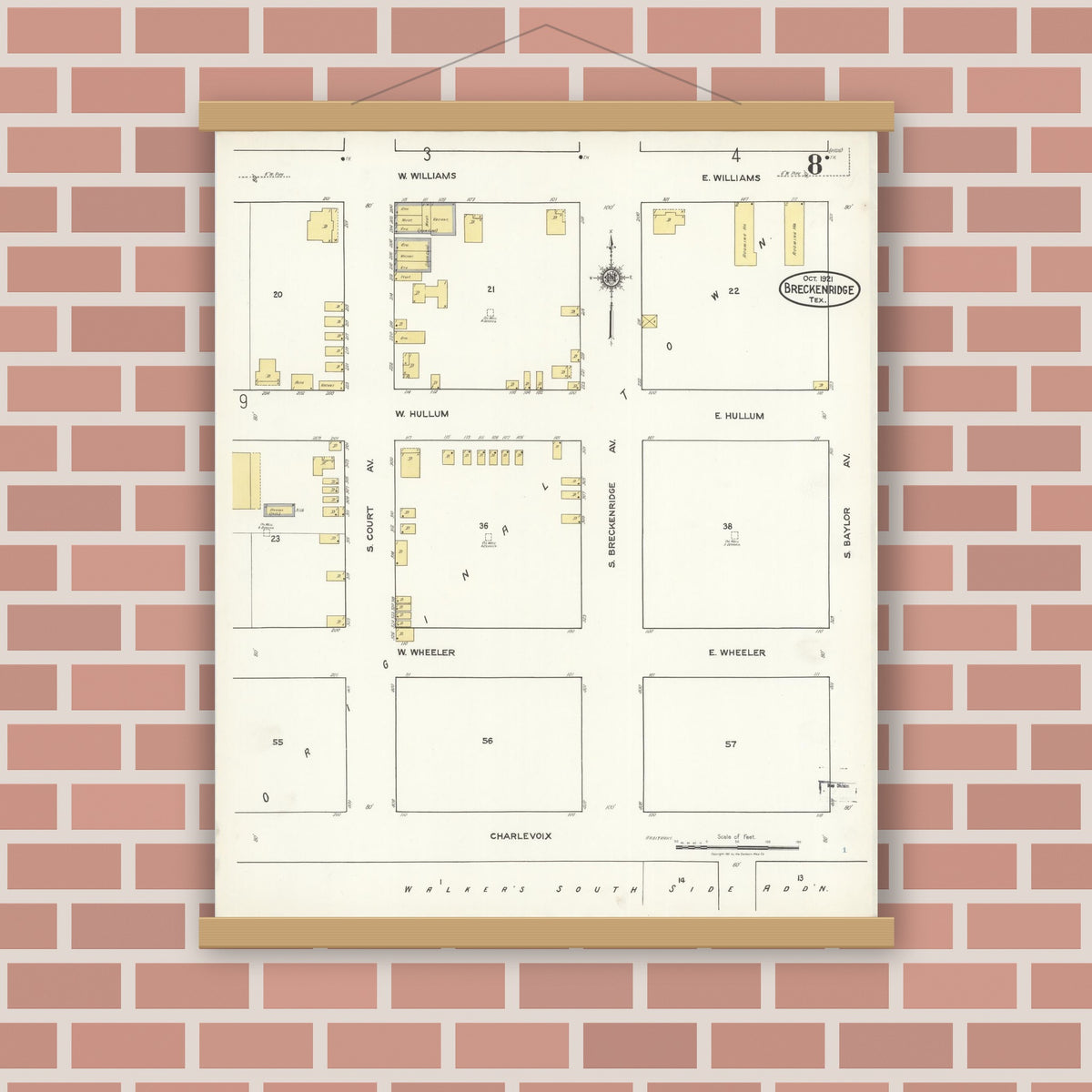 Old map wall art mockup — magnetic wood frame on brick wall — Sanborn Fire Insurance Map from Breckenridge, Stephens County, Texas (1921), Sheet #0008