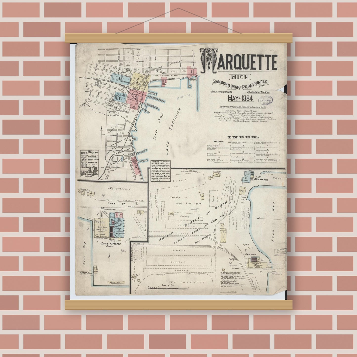 Old map wall art mockup — magnetic wood frame on brick wall — Sanborn Fire Insurance Map from Marquette, Marquette County, Michigan (1884) - Complete Map Set
