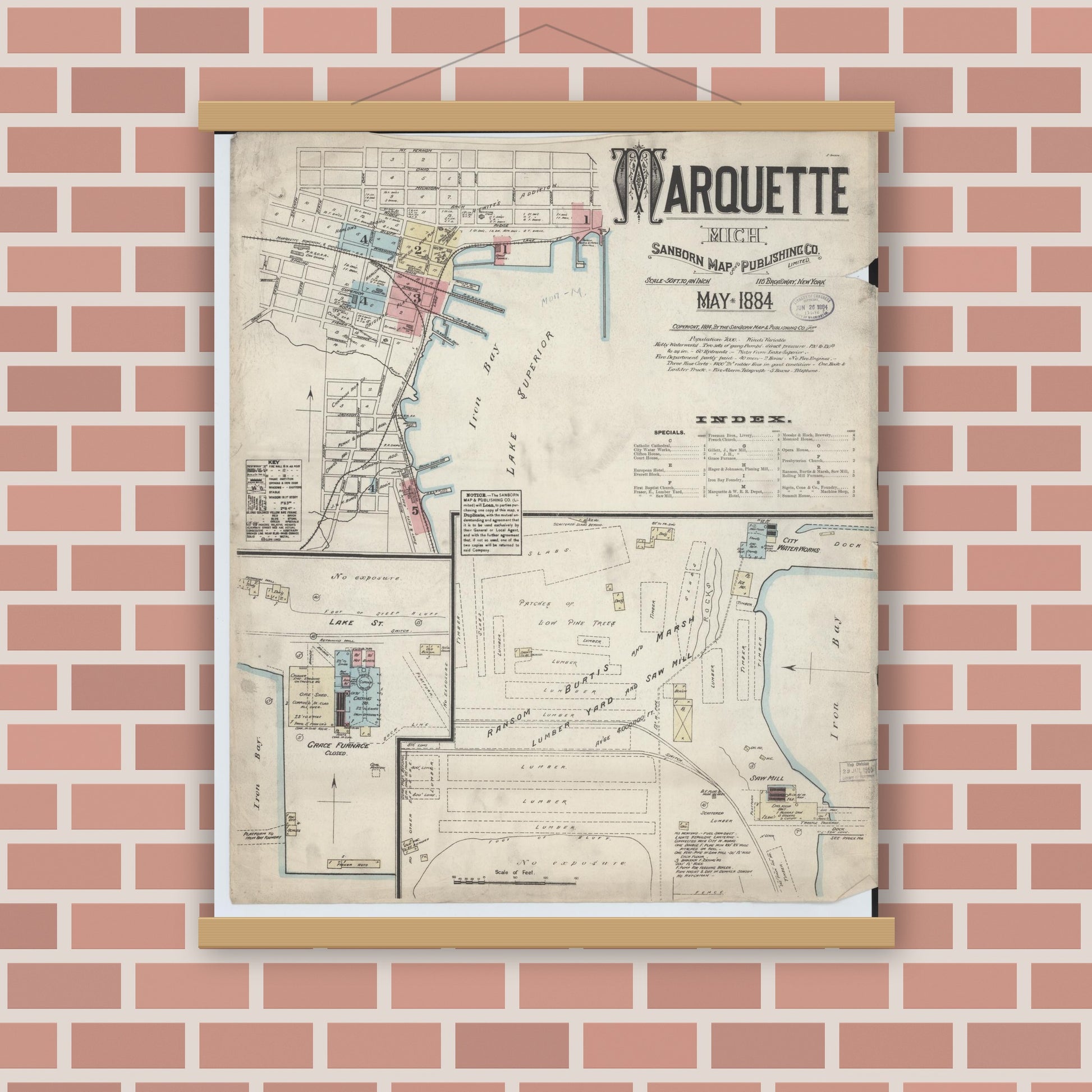 Old map wall art mockup — magnetic wood frame on brick wall — Sanborn Fire Insurance Map from Marquette, Marquette County, Michigan (1884) - Complete Map Set