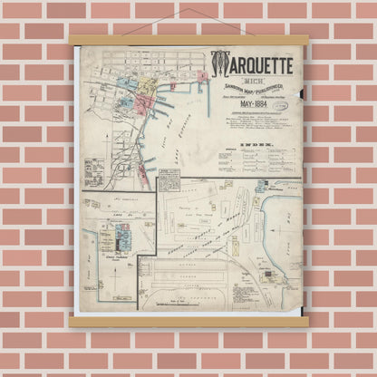 Old map wall art mockup — magnetic wood frame on brick wall — Sanborn Fire Insurance Map from Marquette, Marquette County, Michigan (1884) - Complete Map Set