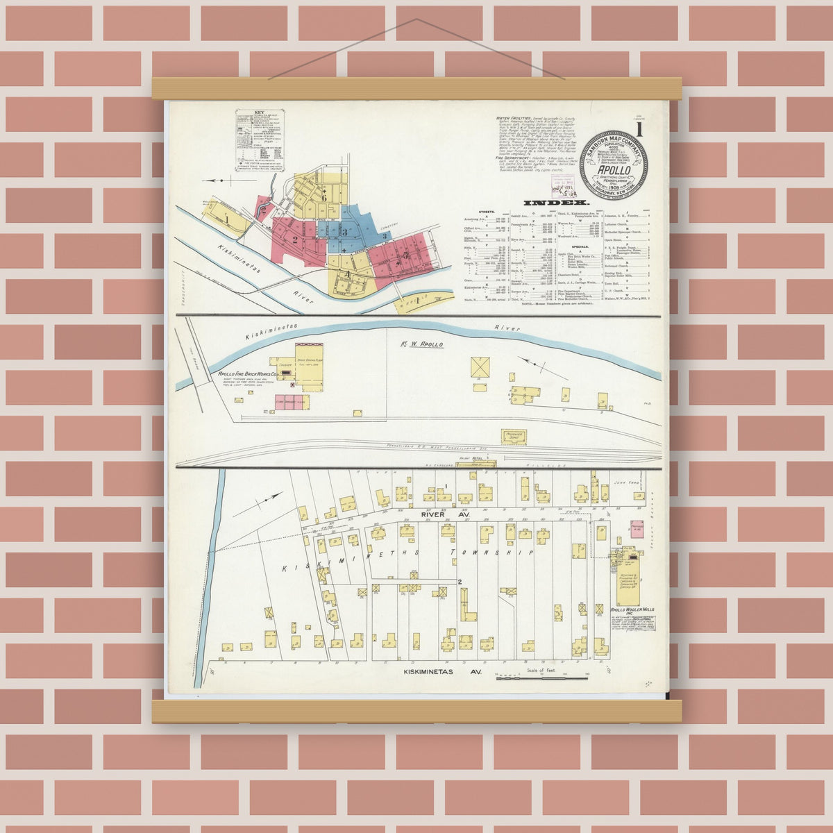 Old map wall art mockup — magnetic wood frame on brick wall — Sanborn Fire Insurance Map from Apollo, Armstrong County, Pennsylvania (1909), Sheet #0001