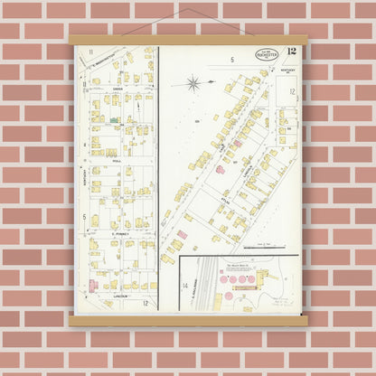 Old map wall art mockup — magnetic wood frame on brick wall — Sanborn Fire Insurance Map from Rochester, Beaver County, Pennsylvania (1908), Sheet #0012