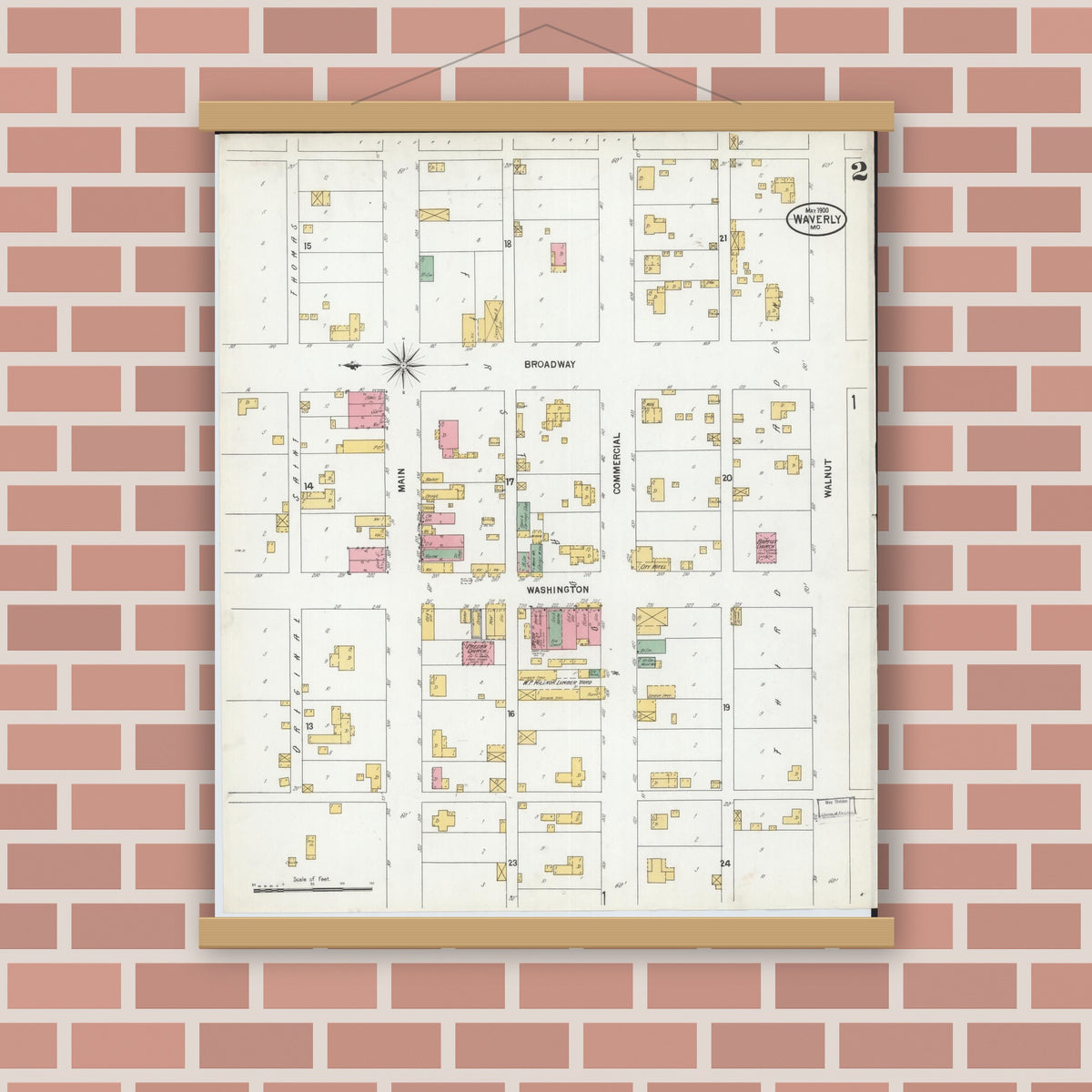 Old map wall art mockup — magnetic wood frame on brick wall — Sanborn Fire Insurance Map from Waverly, Lafayette County, Missouri (1900), Sheet #0002