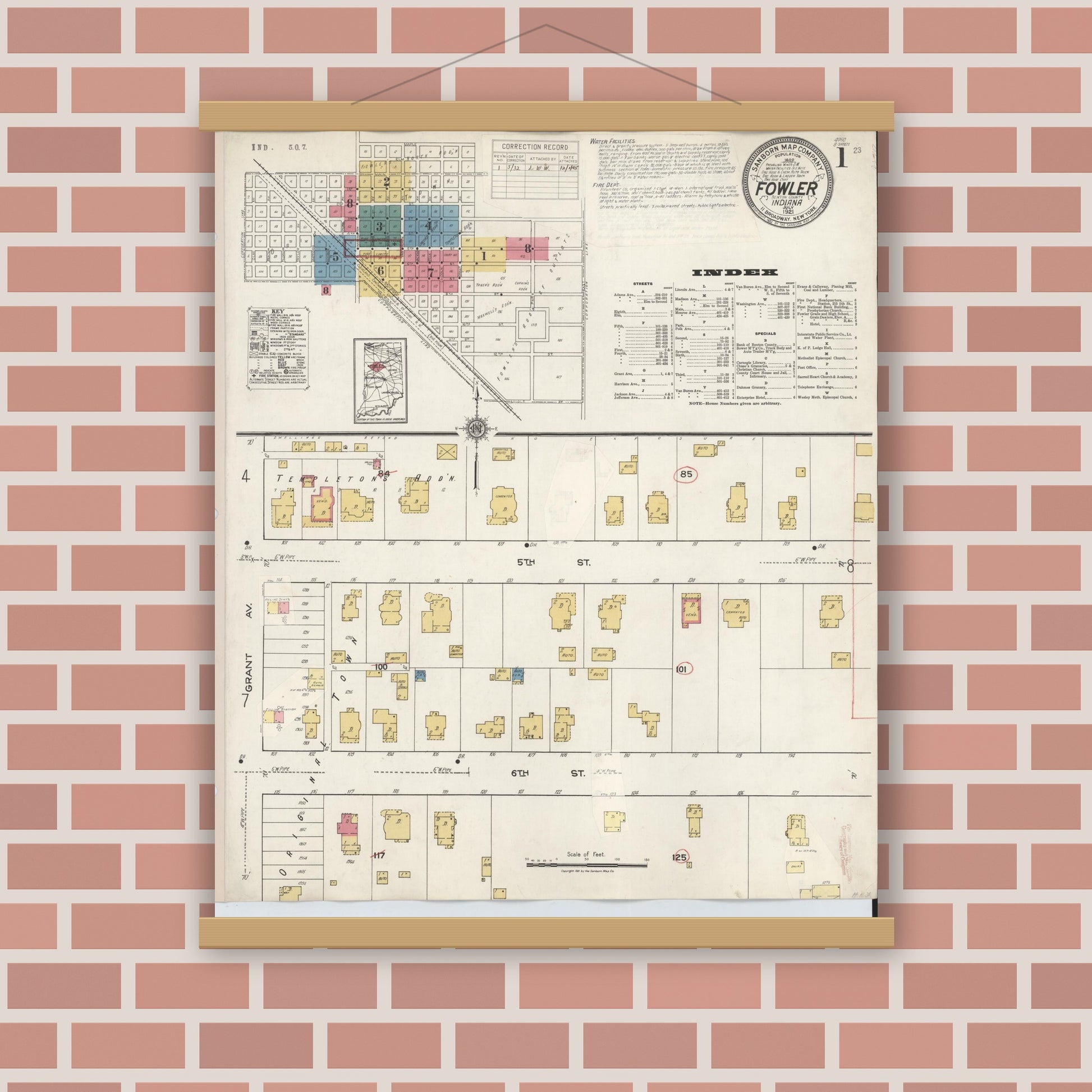 Old map wall art mockup — magnetic wood frame on brick wall — Sanborn Fire Insurance Map from Fowler, Benton County, Indiana (1932), Sheet #0001