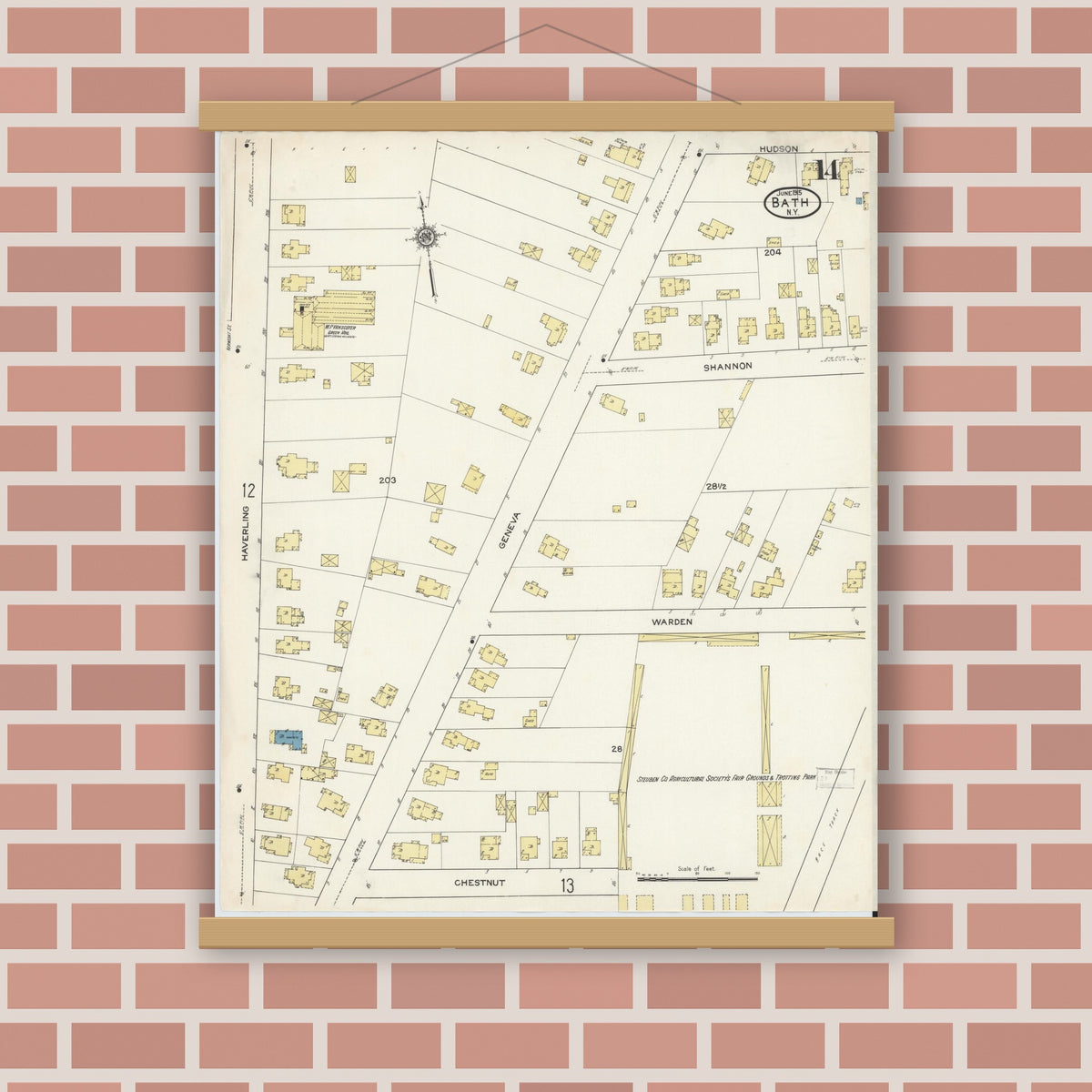 Old map wall art mockup — magnetic wood frame on brick wall — Sanborn Fire Insurance Map from Bath, Steuben County, New York (1915), Sheet #0014
