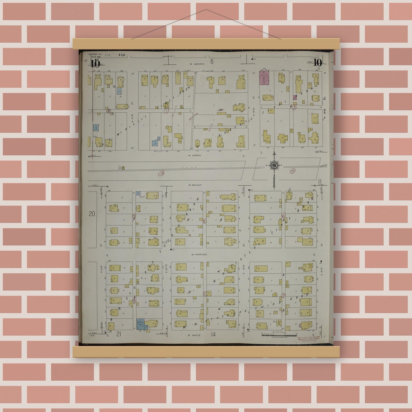 Old map wall art mockup — magnetic wood frame on brick wall — Sanborn Fire Insurance Map from Herrin, Williamson County, Illinois (1947), Sheet #0010