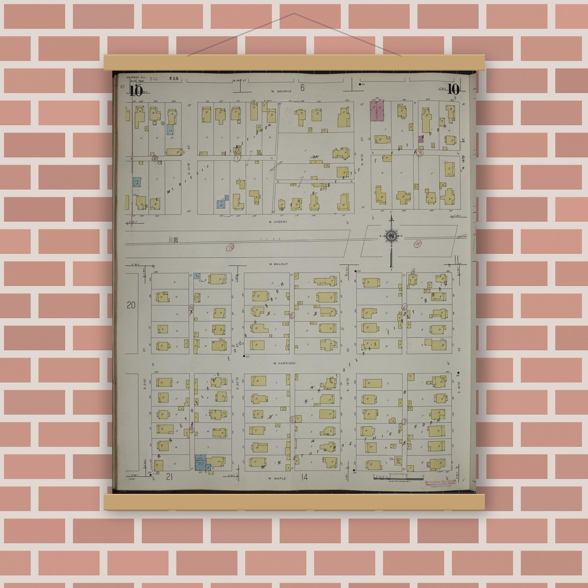 Old map wall art mockup — magnetic wood frame on brick wall — Sanborn Fire Insurance Map from Herrin, Williamson County, Illinois (1947), Sheet #0010