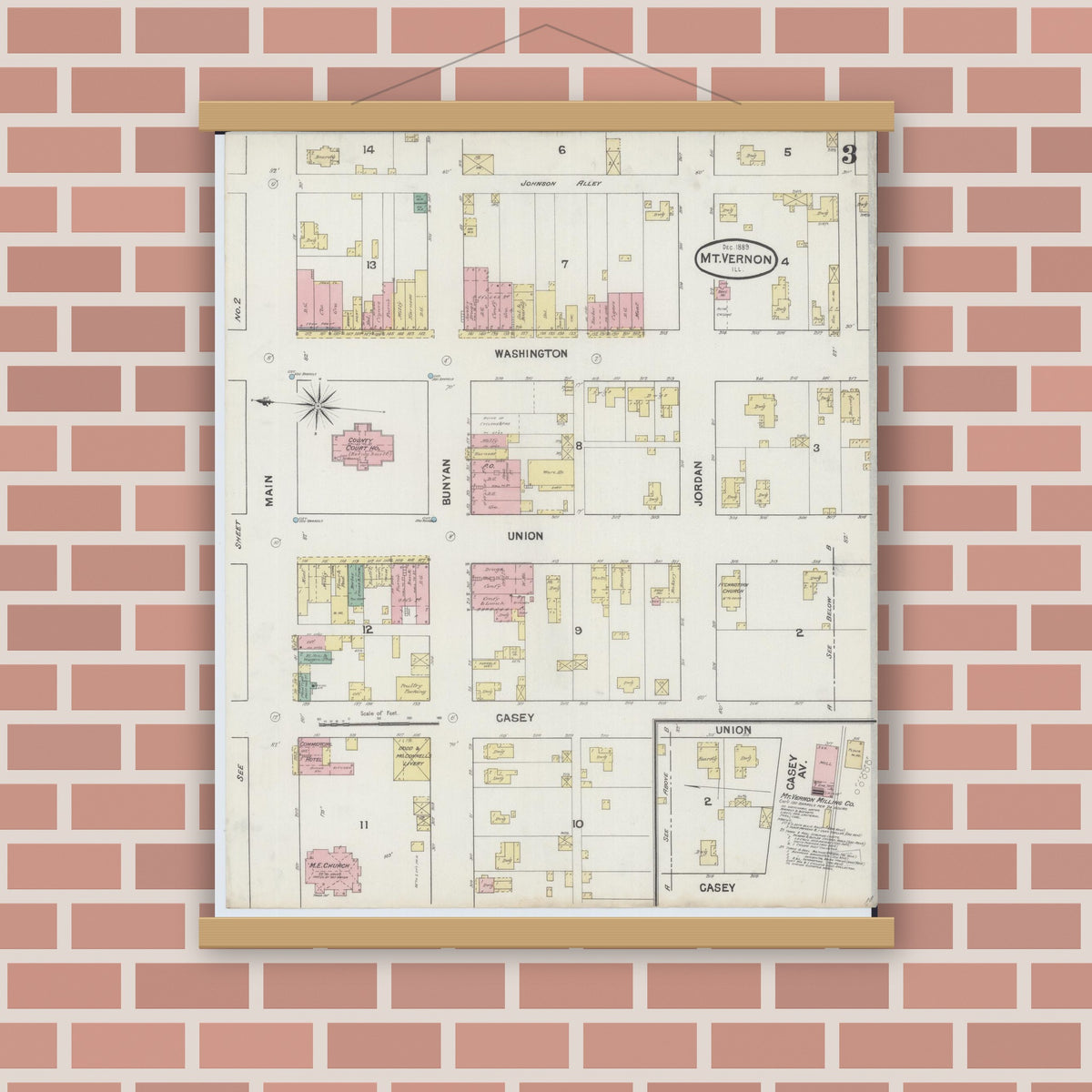 Old map wall art mockup — magnetic wood frame on brick wall — Sanborn Fire Insurance Map from Mount Vernon, Jefferson County, Illinois (1889), Sheet #0003