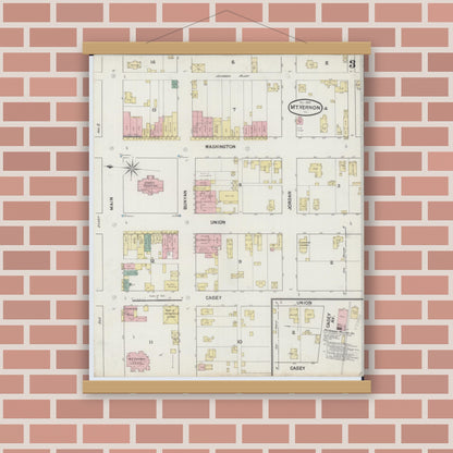 Old map wall art mockup — magnetic wood frame on brick wall — Sanborn Fire Insurance Map from Mount Vernon, Jefferson County, Illinois (1889), Sheet #0003