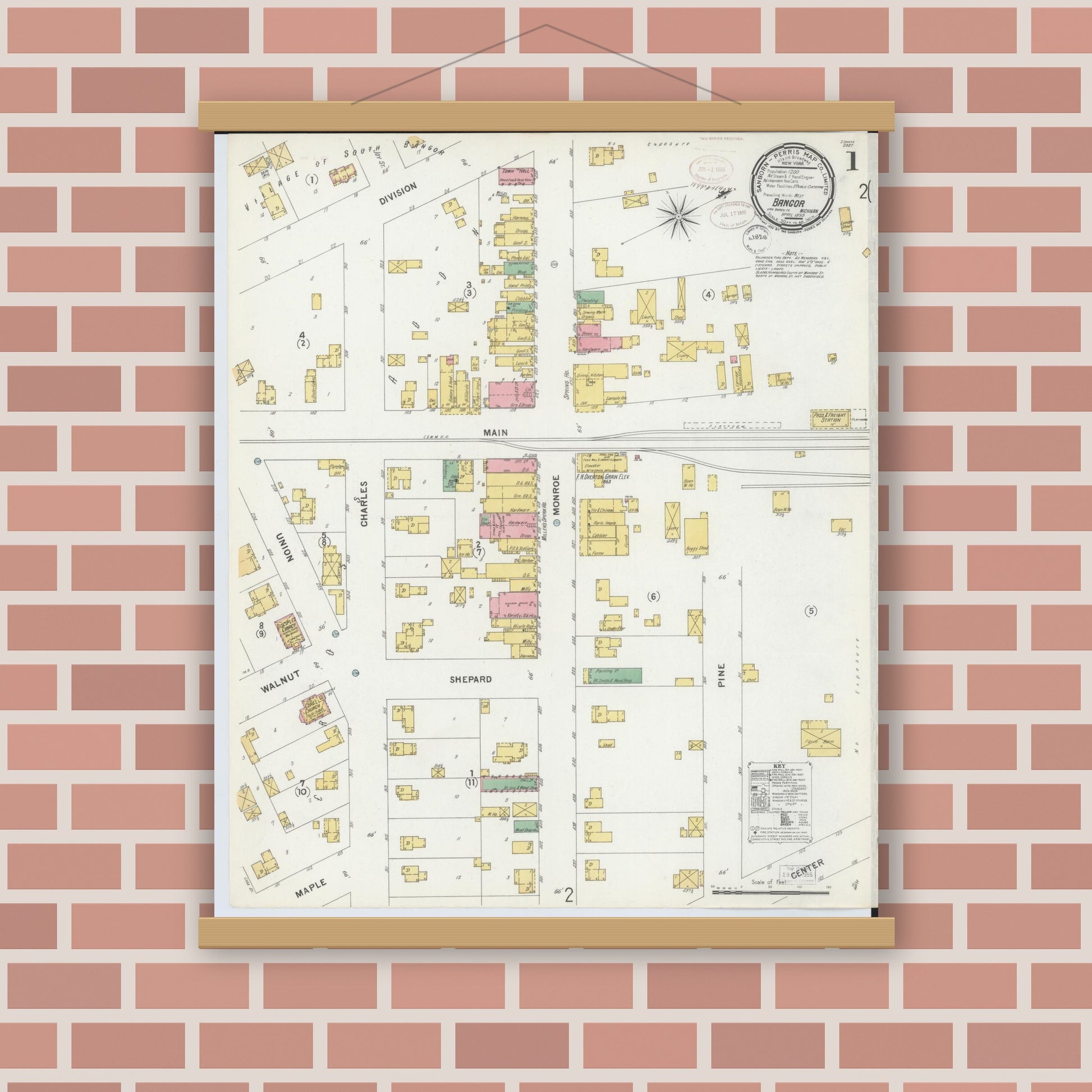 Old map wall art mockup — magnetic wood frame on brick wall — Sanborn Fire Insurance Map from Bangor, Van Buren County, Michigan (1899) - Complete Map Set