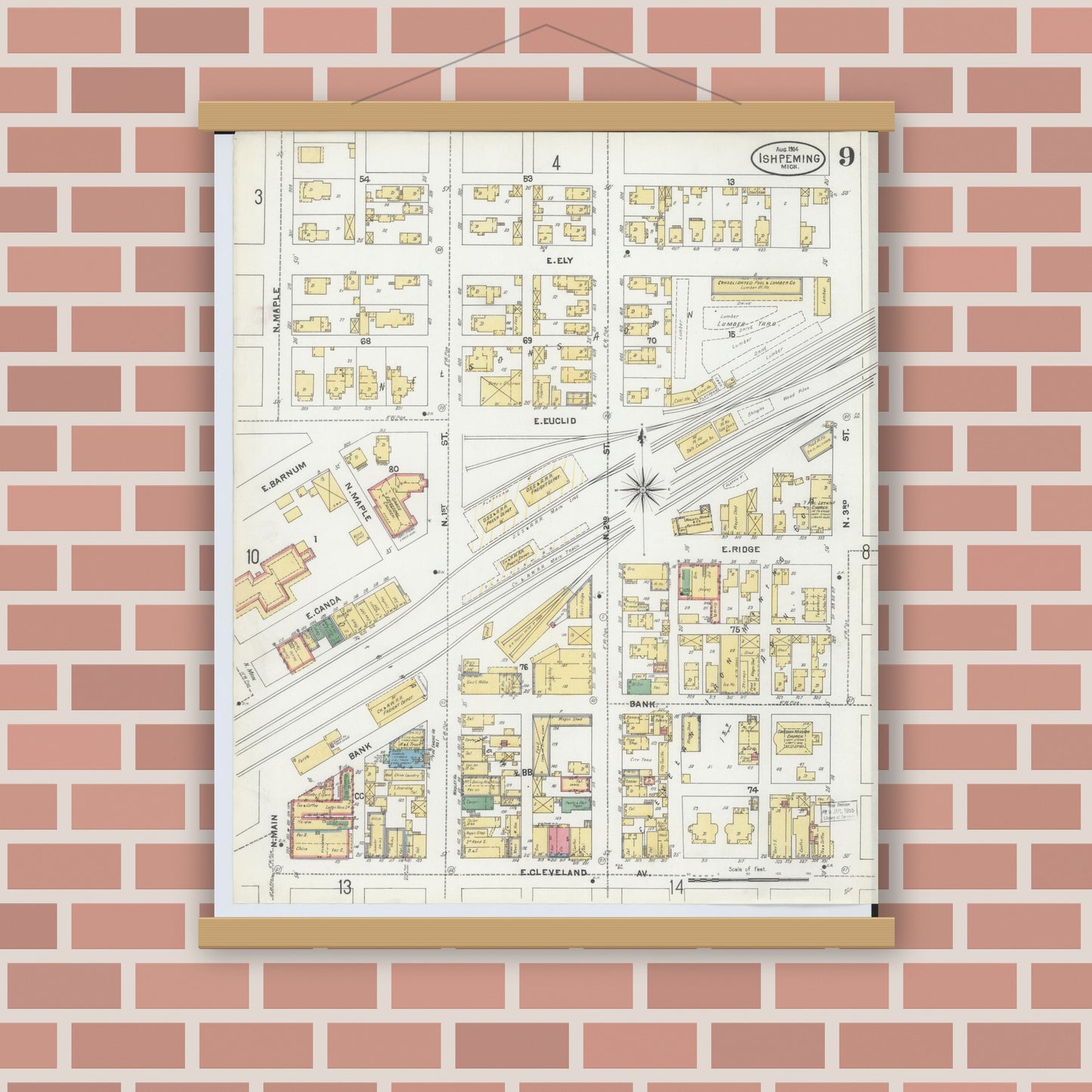 Old map wall art mockup — magnetic wood frame on brick wall — Sanborn Fire Insurance Map from Ishpeming, Marquette County, Michigan (1904), Sheet #0009