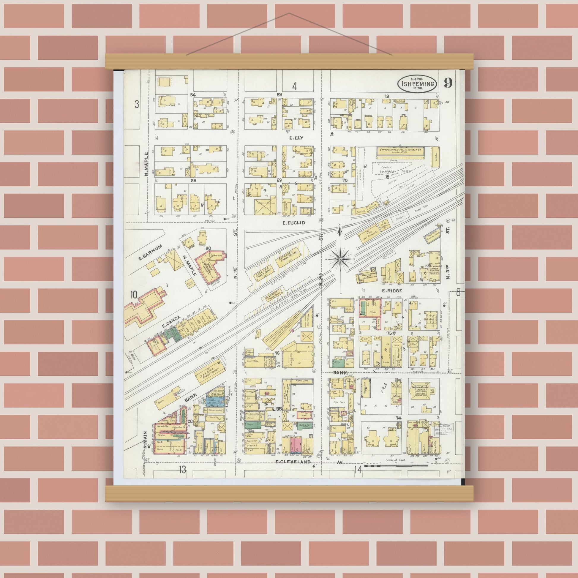 Old map wall art mockup — magnetic wood frame on brick wall — Sanborn Fire Insurance Map from Ishpeming, Marquette County, Michigan (1904), Sheet #0009