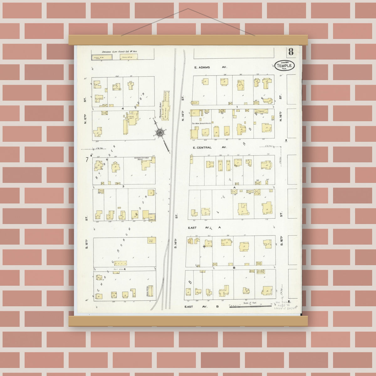 Old map wall art mockup — magnetic wood frame on brick wall — Sanborn Fire Insurance Map from Temple, Bell County, Texas (1910), Sheet #0008
