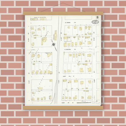 Old map wall art mockup — magnetic wood frame on brick wall — Sanborn Fire Insurance Map from Temple, Bell County, Texas (1910), Sheet #0008