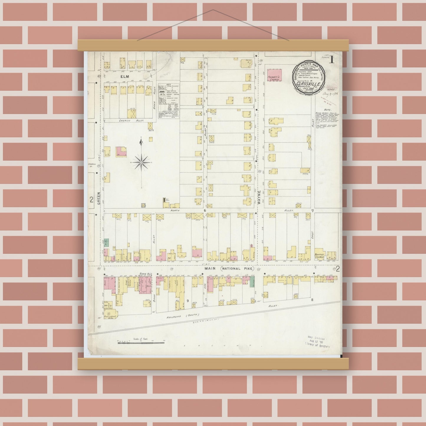Old map wall art mockup — magnetic wood frame on brick wall — Sanborn Fire Insurance Map from Claysville, Washington County, Pennsylvania (1896), Sheet #0001