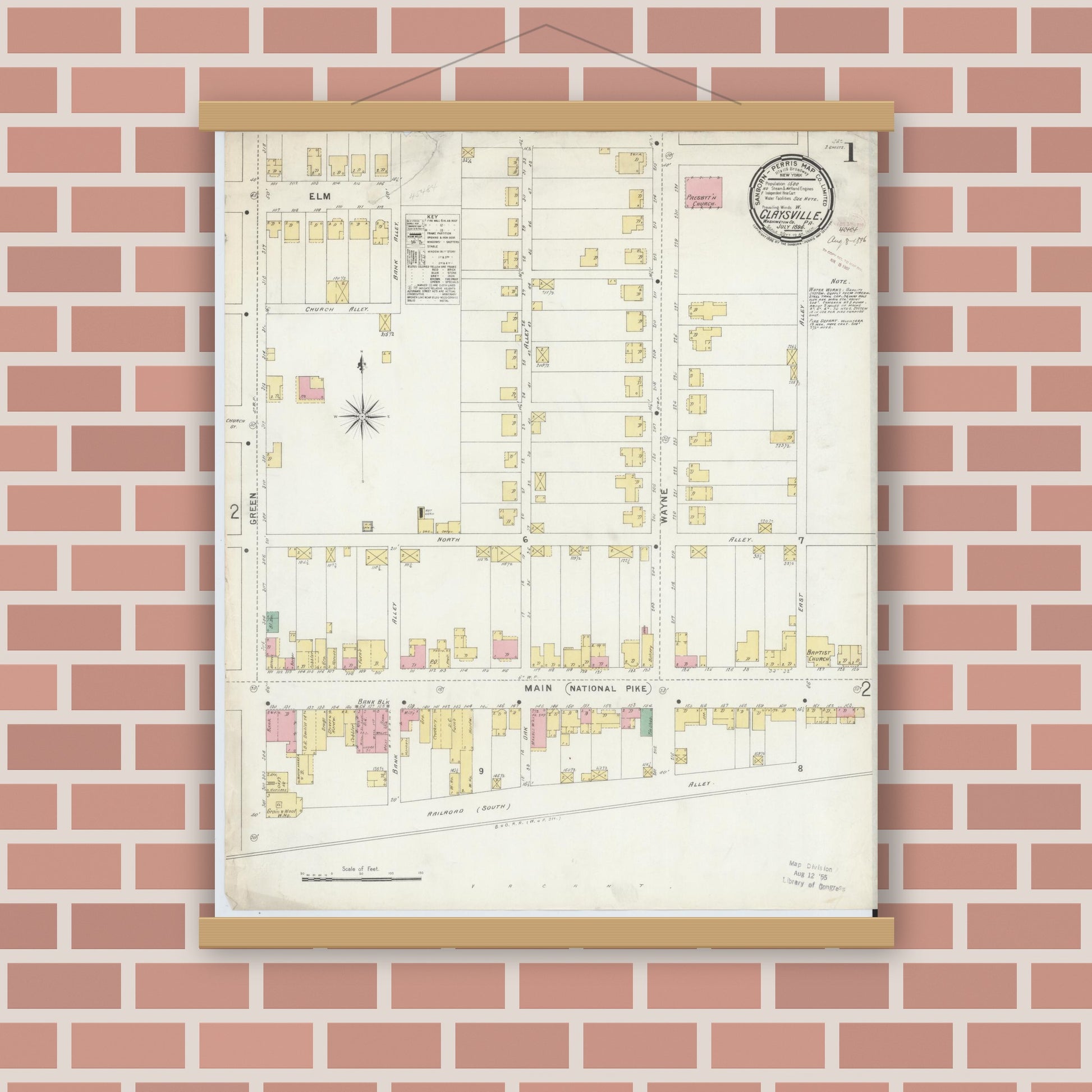 Old map wall art mockup — magnetic wood frame on brick wall — Sanborn Fire Insurance Map from Claysville, Washington County, Pennsylvania (1896), Sheet #0001