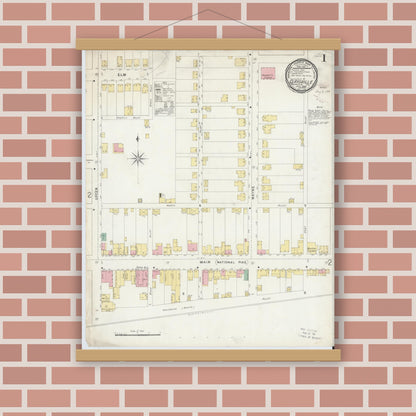 Old map wall art mockup — magnetic wood frame on brick wall — Sanborn Fire Insurance Map from Claysville, Washington County, Pennsylvania (1896), Sheet #0001