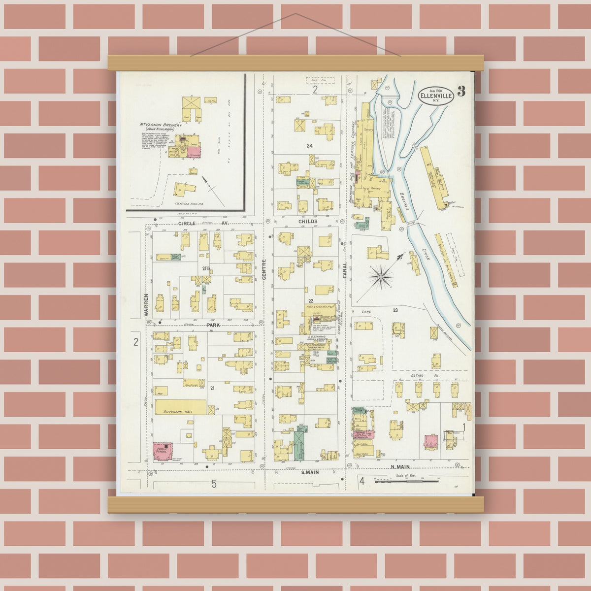 Old map wall art mockup — magnetic wood frame on brick wall — Sanborn Fire Insurance Map from Ellenville, Ulster County, New York (1900), Sheet #0003