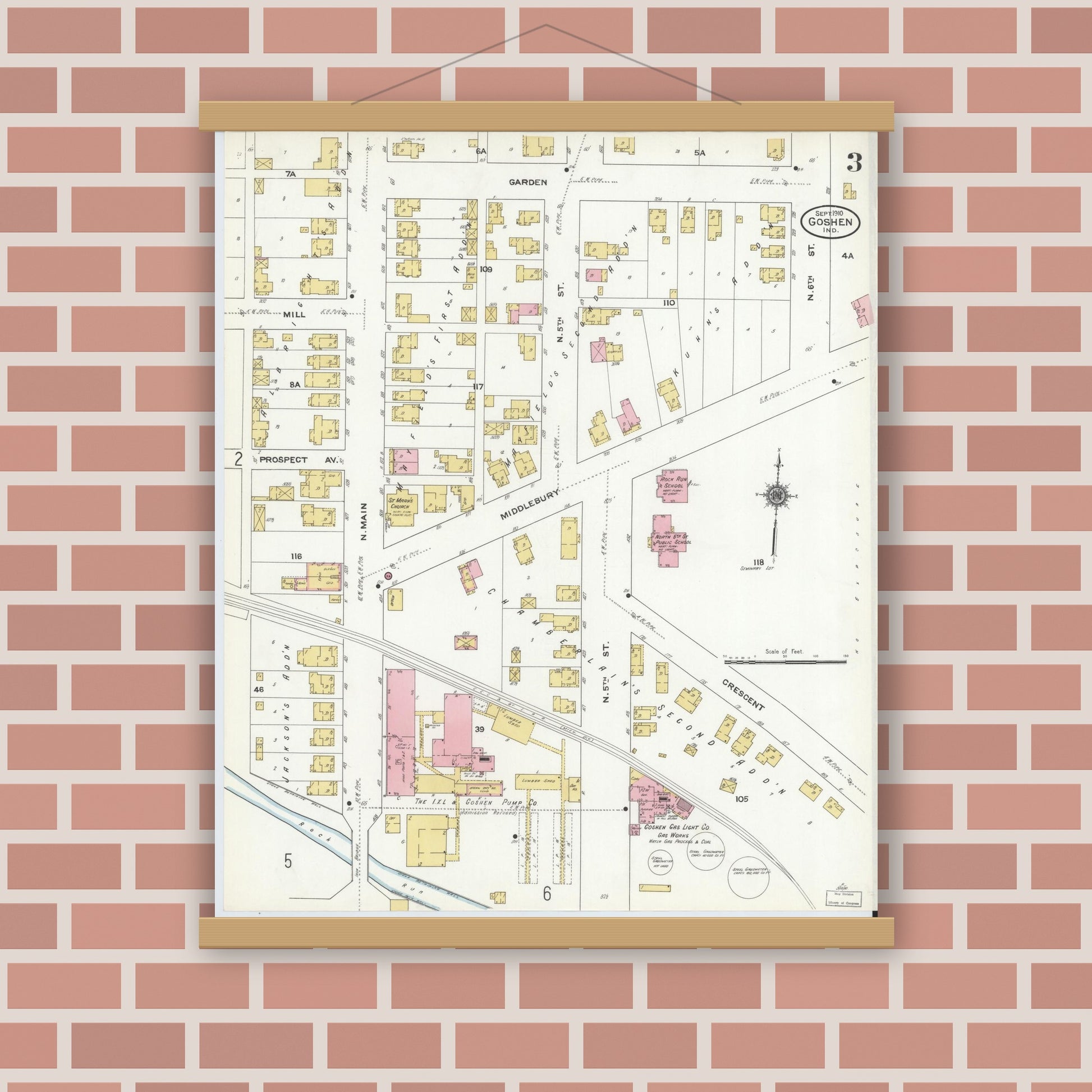 Old map wall art mockup — magnetic wood frame on brick wall — Sanborn Fire Insurance Map from Goshen, Elkhart County, Indiana (1910), Sheet #0003