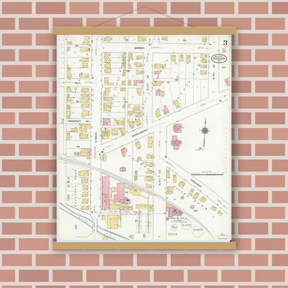 Old map wall art mockup — magnetic wood frame on brick wall — Sanborn Fire Insurance Map from Goshen, Elkhart County, Indiana (1910), Sheet #0003