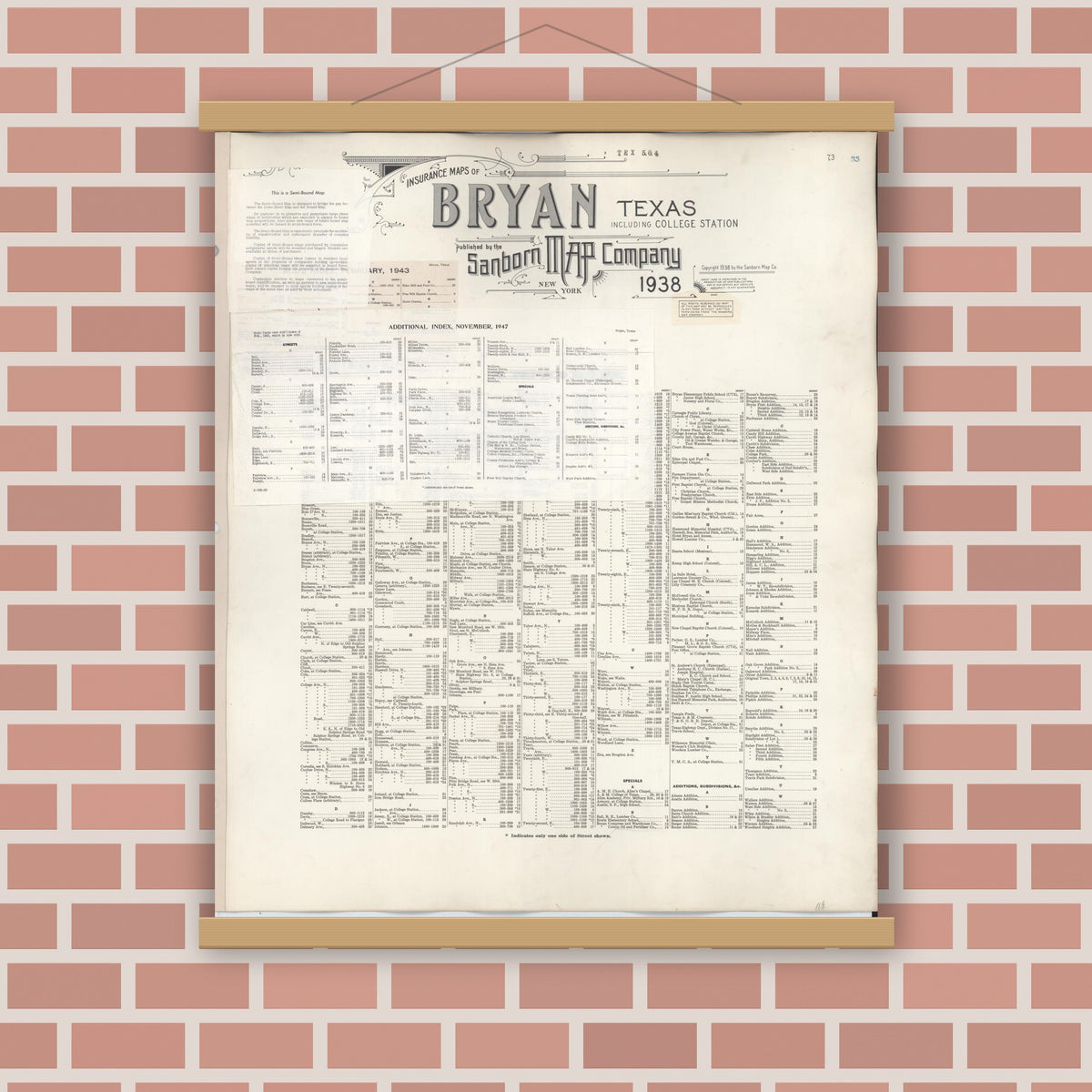 Old map wall art mockup — magnetic wood frame on brick wall — Sanborn Fire Insurance Map from Bryan, Brazos County, Texas (1950), Sheet #0001