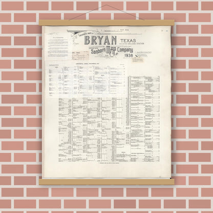 Old map wall art mockup — magnetic wood frame on brick wall — Sanborn Fire Insurance Map from Bryan, Brazos County, Texas (1950), Sheet #0001