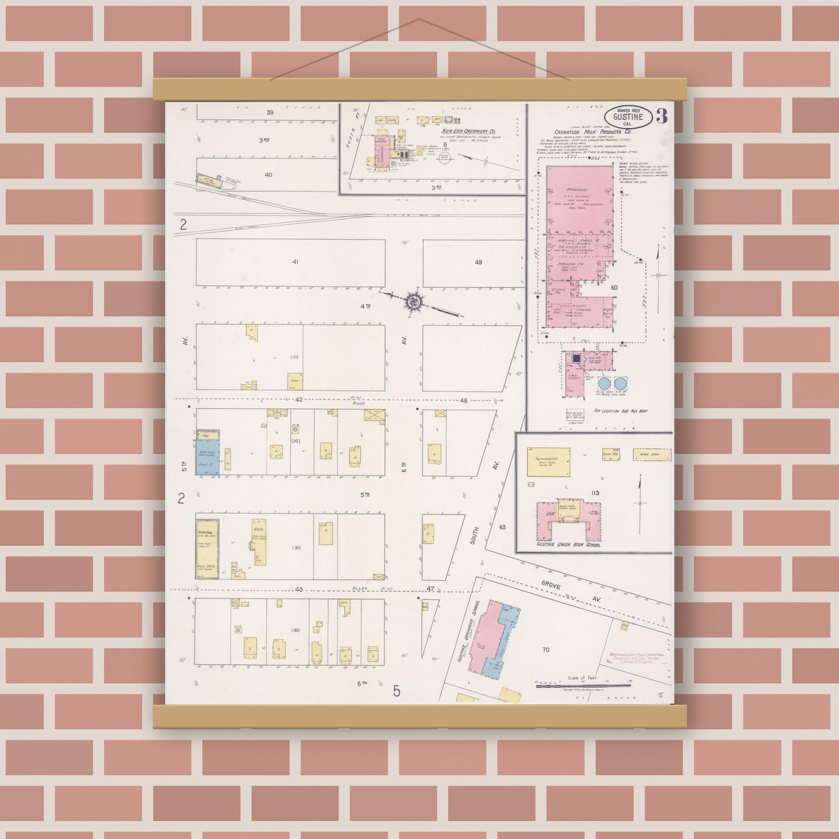 Old map wall art mockup — magnetic wood frame on brick wall — Sanborn Fire Insurance Map from Gustine, Merced County, California (1920), Sheet #0003