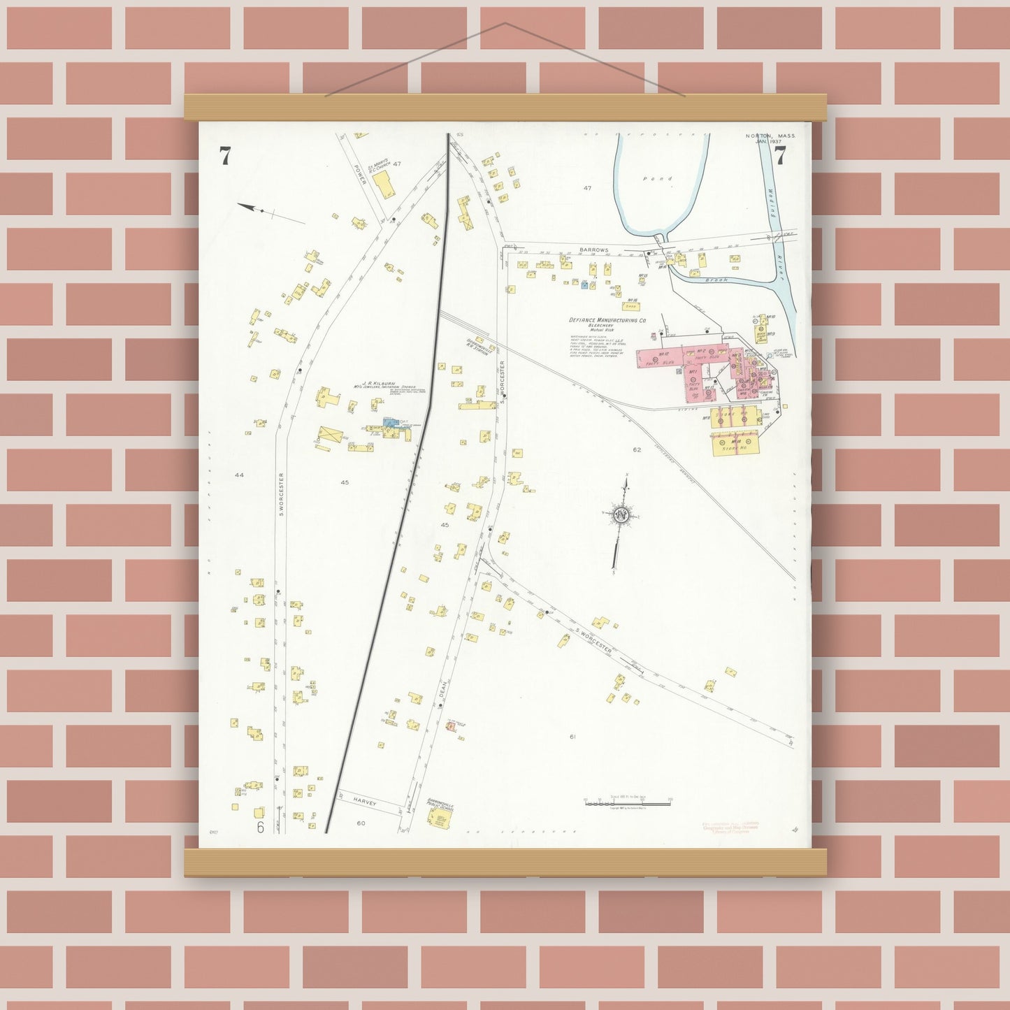 Old map wall art mockup — magnetic wood frame on brick wall — Sanborn Fire Insurance Map from Norton, Bristol County, Massachusetts (1937), Sheet #0007