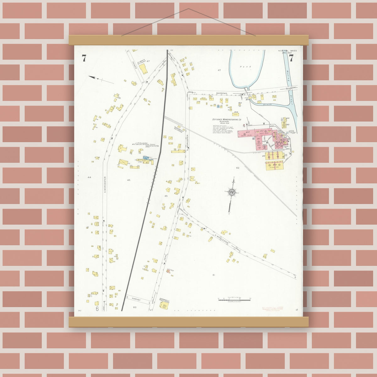 Old map wall art mockup — magnetic wood frame on brick wall — Sanborn Fire Insurance Map from Norton, Bristol County, Massachusetts (1937), Sheet #0007