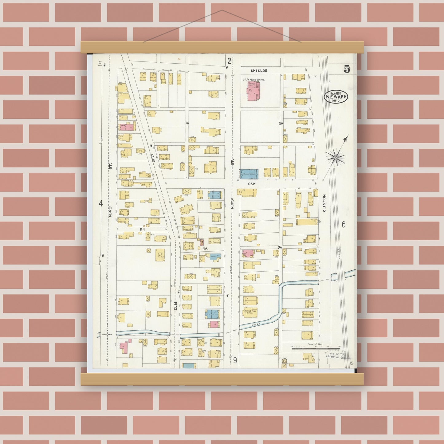 Old map wall art mockup — magnetic wood frame on brick wall — Sanborn Fire Insurance Map from Newark, Licking County, Ohio (1905), Sheet #0005