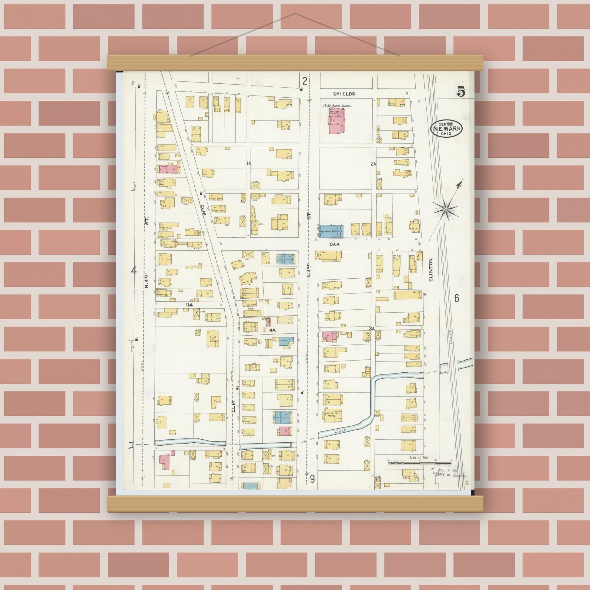 Old map wall art mockup — magnetic wood frame on brick wall — Sanborn Fire Insurance Map from Newark, Licking County, Ohio (1905), Sheet #0005