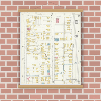 Old map wall art mockup — magnetic wood frame on brick wall — Sanborn Fire Insurance Map from Newark, Licking County, Ohio (1905), Sheet #0005
