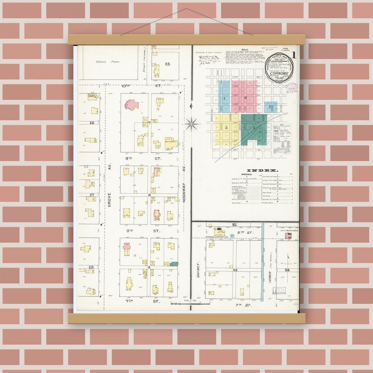 Old map wall art mockup — magnetic wood frame on brick wall — Sanborn Fire Insurance Map from Corning, Adams County, Iowa (1893) â€” Complete Set