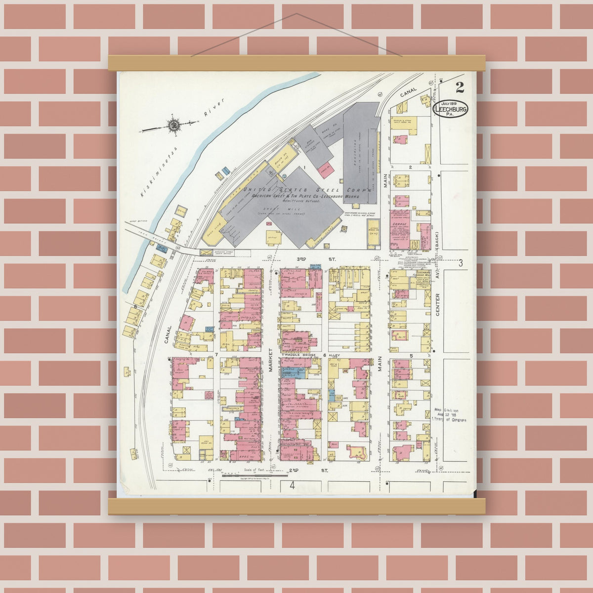 Old map wall art mockup — magnetic wood frame on brick wall — Sanborn Fire Insurance Map from Leechburg, Armstrong County, Pennsylvania (1919), Sheet #0002