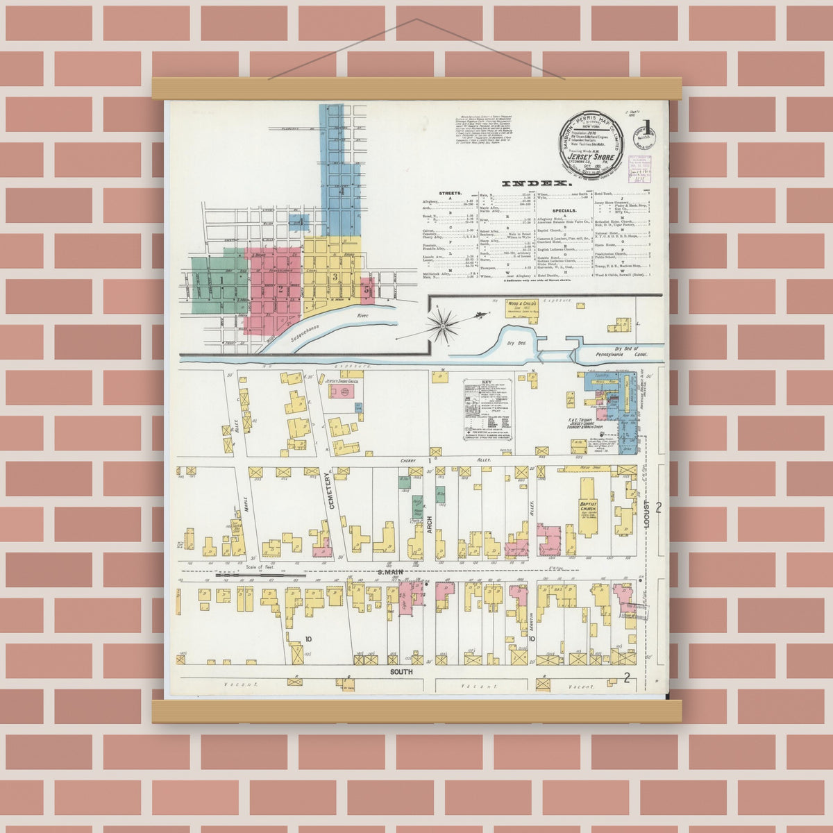 Old map wall art mockup — magnetic wood frame on brick wall — Sanborn Fire Insurance Map from Jersey Shore, Lycoming County, Pennsylvania (1901) - Complete Map Set