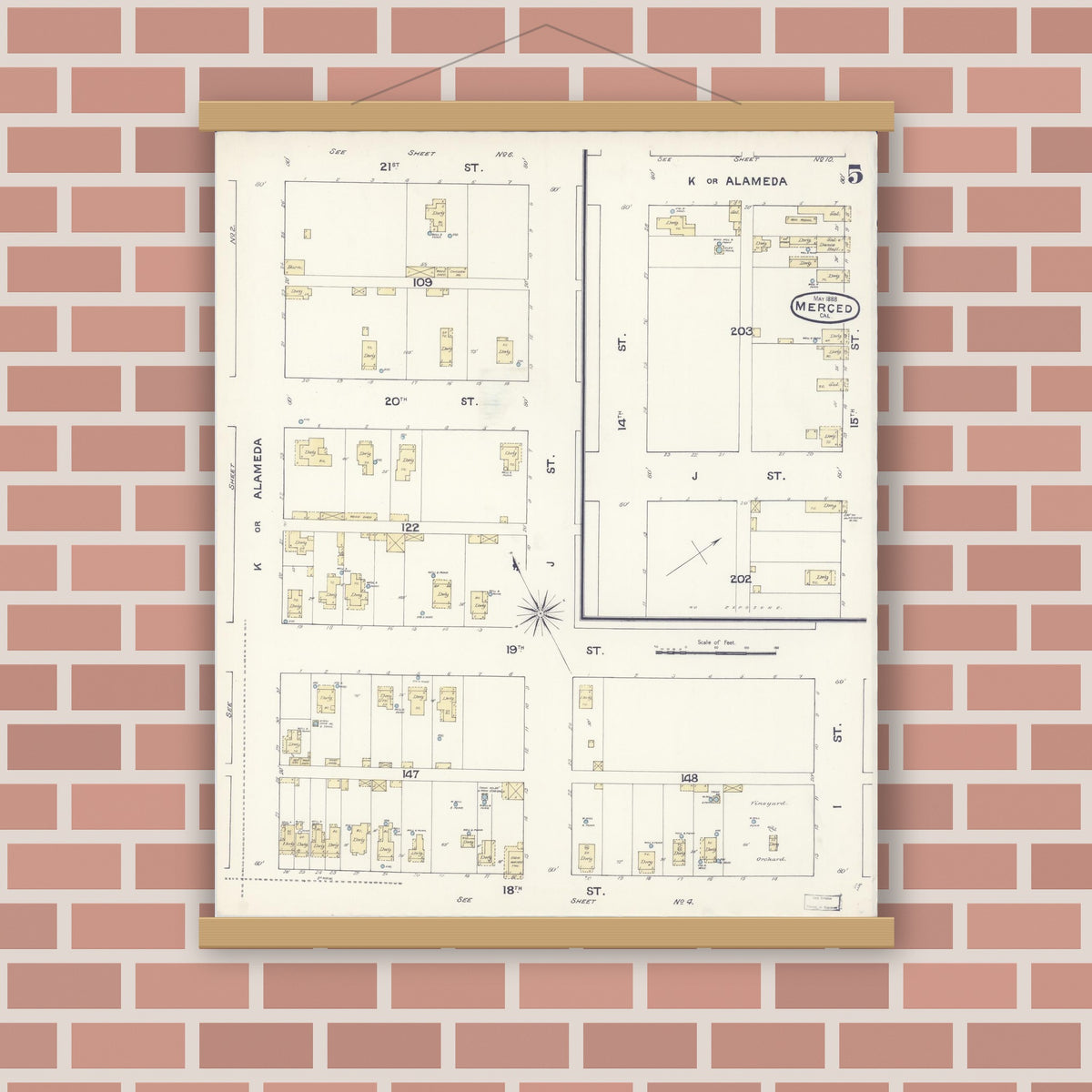 Old map wall art mockup — magnetic wood frame on brick wall — Sanborn Fire Insurance Map from Merced, Merced County, California (1888), Sheet #0005