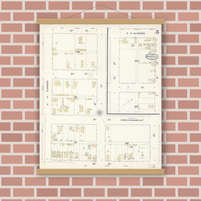 Old map wall art mockup — magnetic wood frame on brick wall — Sanborn Fire Insurance Map from Merced, Merced County, California (1888), Sheet #0005