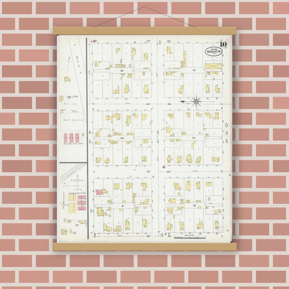Old map wall art mockup — magnetic wood frame on brick wall — Sanborn Fire Insurance Map from Mendota, La Salle County, Illinois (1902), Sheet #0010