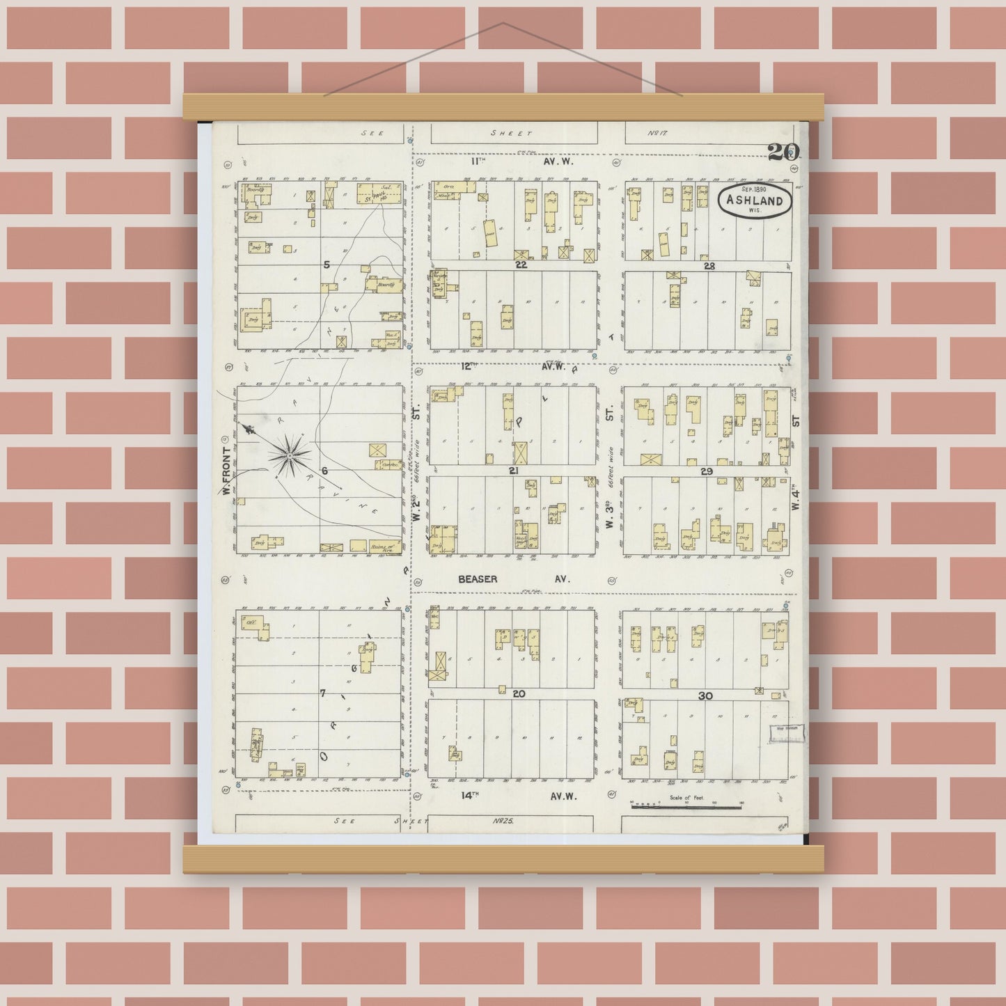 Old map wall art mockup — magnetic wood frame on brick wall — Sanborn Fire Insurance Map from Ashland, Ashland County, Wisconsin (1890), Sheet #0020