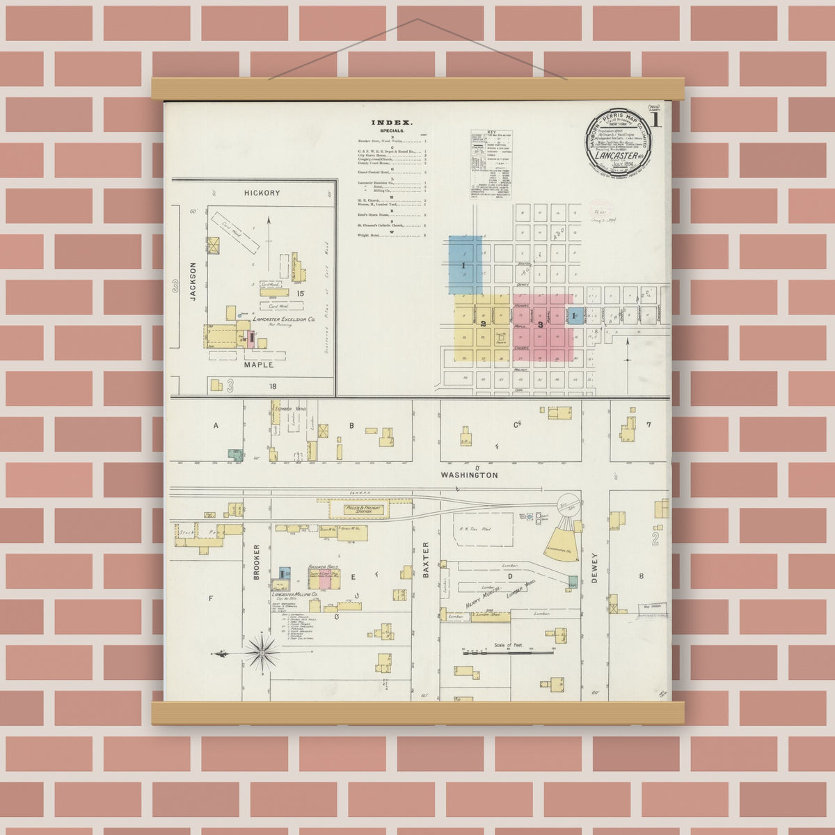 Old map wall art mockup — magnetic wood frame on brick wall — Sanborn Fire Insurance Map from Lancaster, Grant County, Wisconsin (1894), Sheet #0001